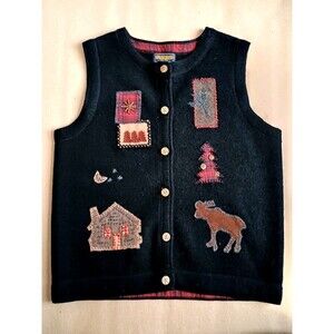 VTG Woolrich Sweater Vest Womens M Black Wool Vest Patches Grandpa Grandma